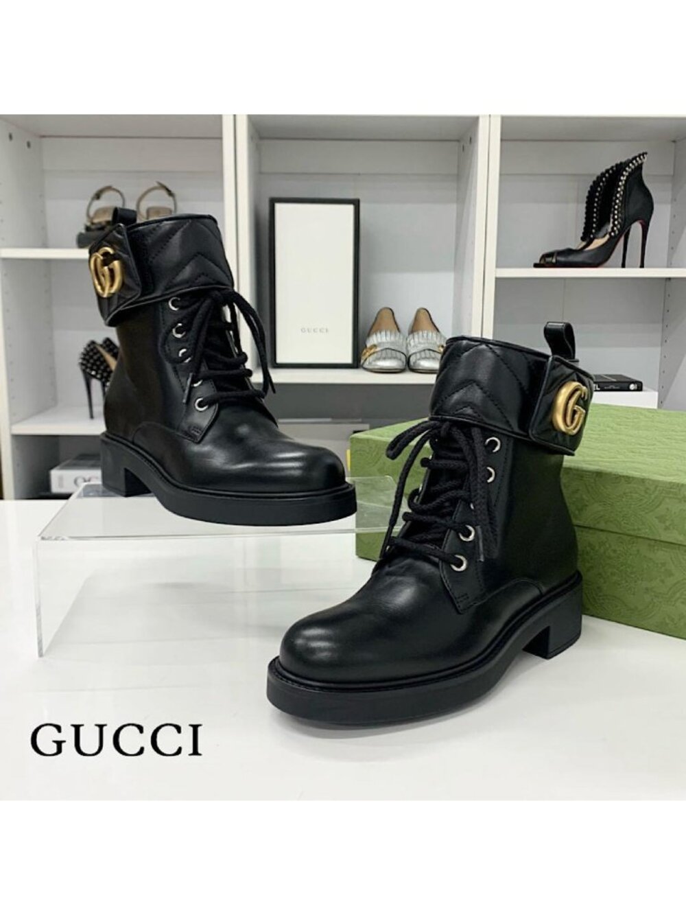 Gucci Double G Leather Belt Lace-up Ankle Short Boots Black